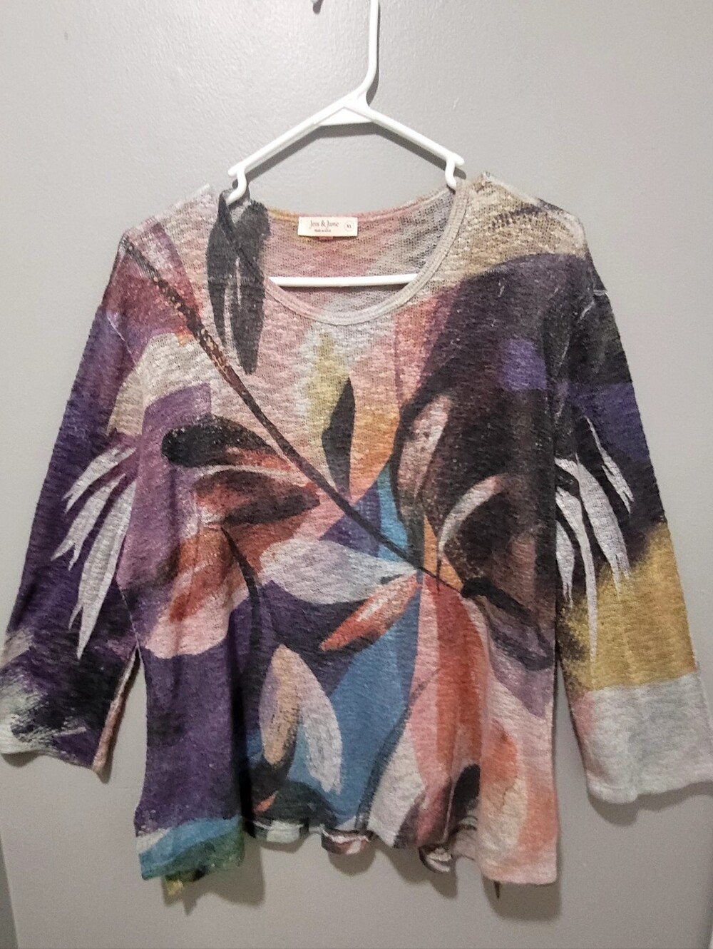 Jess & Jane Abstract Floral Water Color Lightweight Pullover Sz Xl